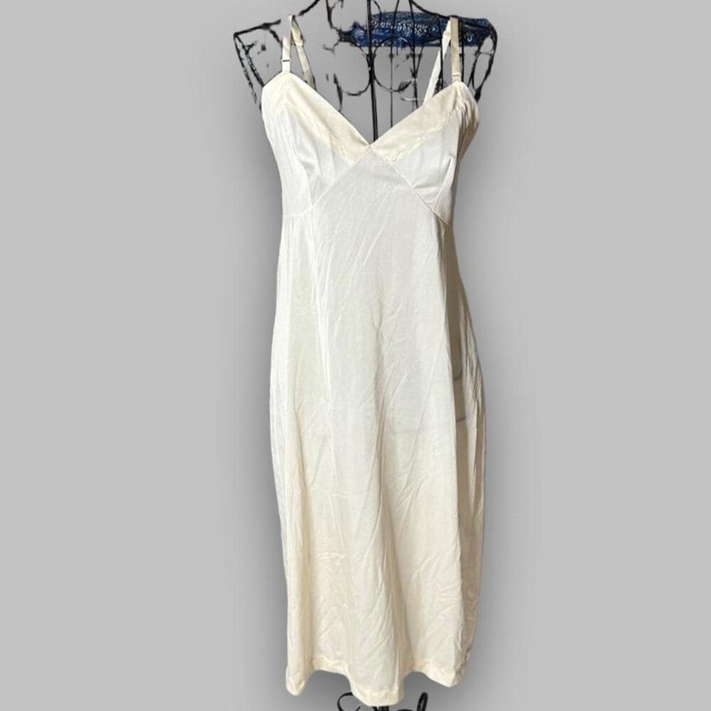 Vintage Cream Full Slip Dress Spaghetti Strap Midi Length Neutral Lingerie